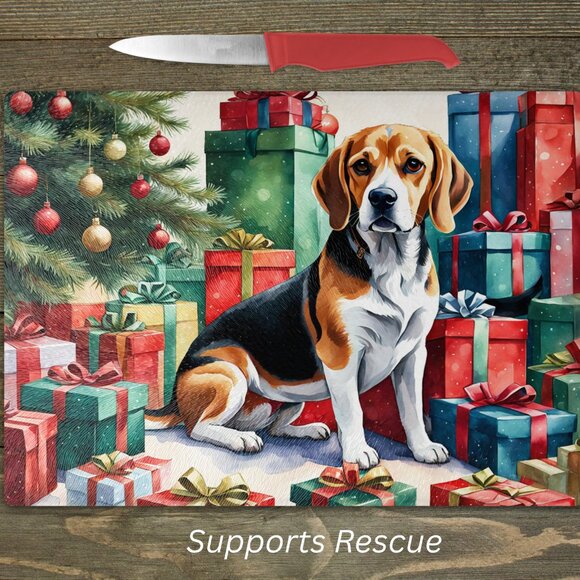 Christmas Beagle Dog Kitchen Tempered Glass Cutting Board or Trivet - Picture 1 of 1